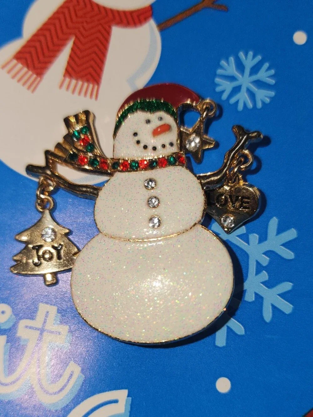 Sparkling Snowman Holiday Brooch - White & Gold
